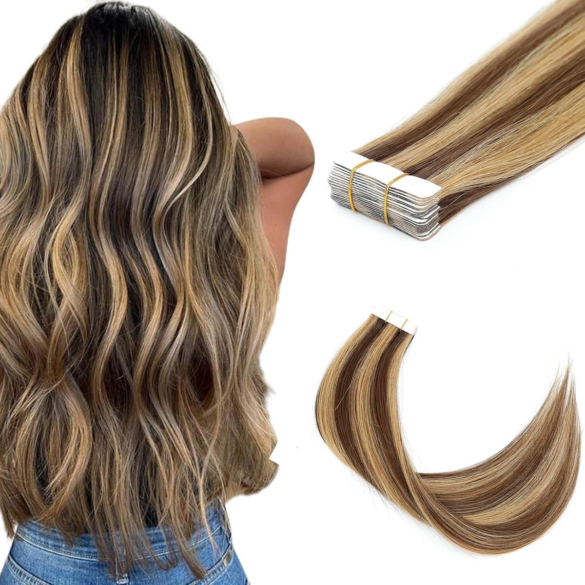 Haarextensies van echt menselijk haar, naadloos, Remy haarextensies, onzichtbaar, rechte tape-in haarverlenging, menselijk haar, glad, haarverlenging (4P27, 40 cm (16 inch) - 40 g)