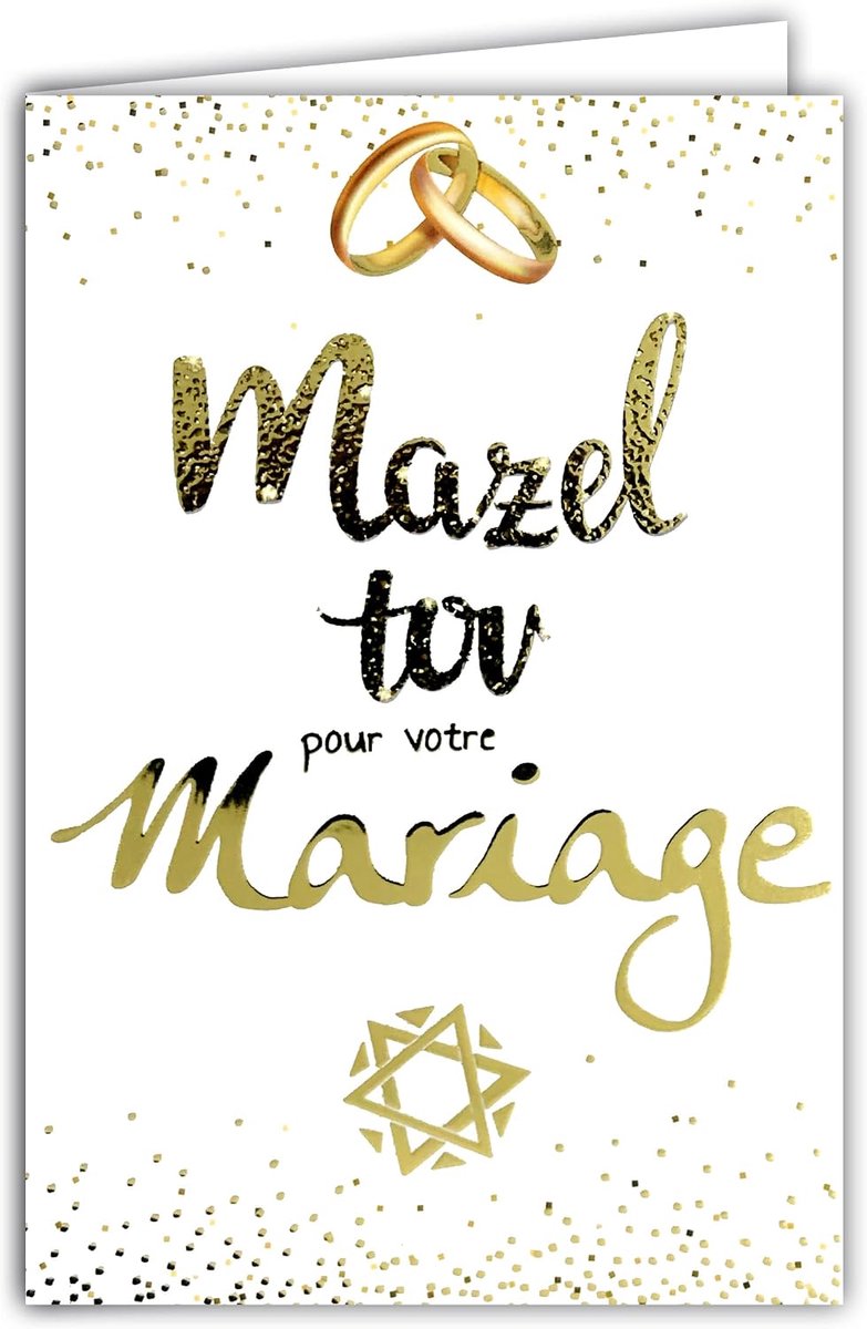 68-8005 kaart Mazel Tov voor uw joodse bruiloft judendom trouwringen Davidster met goud verguld glanzend Union Paar YHWH getuigen cadeau getuigen envelop wit formaat 17,5 x 12 cm Afie