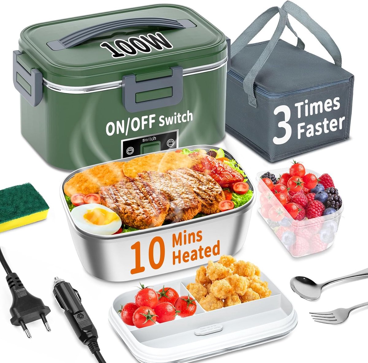 lunchbox, 100 W, 3-in-1 draagbare verwarmde lunchbox, uitneembare roestvrijstalen broodtrommel, 12 V/24 V/220 V, geïsoleerde warmtebox voor auto, vrachtwagen, kantoor, met geïsoleerde tas