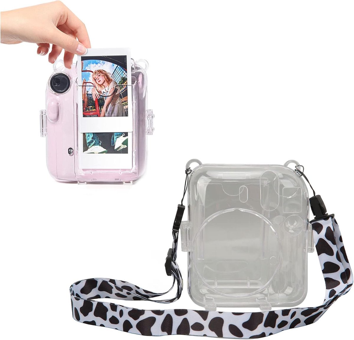 Doorzichtige Hoes voor Mini 12, Camerabeschermende Harde Hoes Transparante Instant Cameratas met Verstelbare Schouderriem Sticker (Koe Patroon)