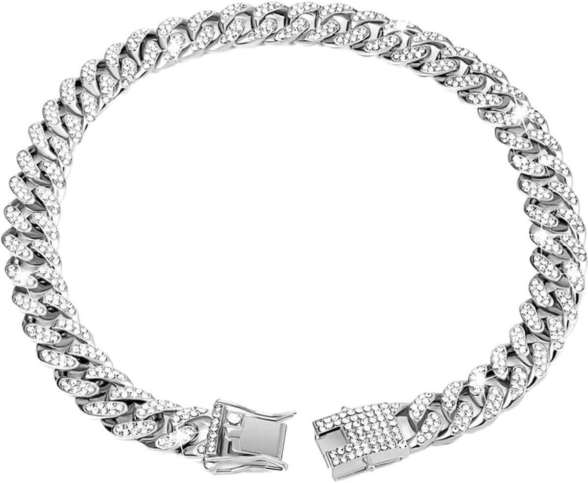 Hondenketting diamant Cubaanse halsbanden hondenketting huisdierhalsband met diamanten, verstelbare hondenhalsband van legering met slot, voor kleine middelgrote grote honden katten, zilver