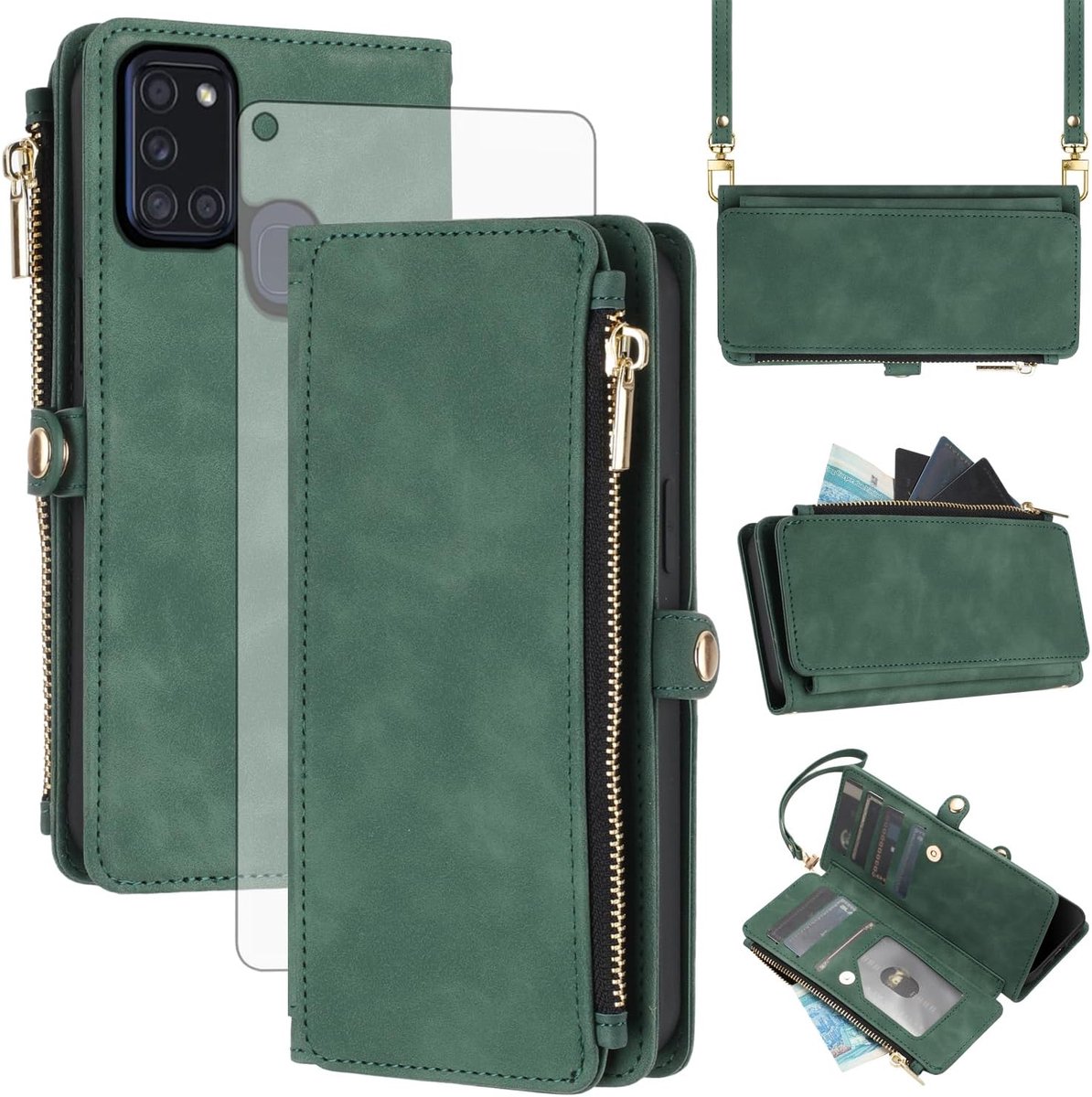 Hoes voor mobiele telefoon voor Samsung Galaxy A21S, hoes met koord en folie, beschermfolie, RFID-kaartenvak, inklapbaar, leer, bloemen, portemonnee, standaard, ritssluiting, cover, mobiele