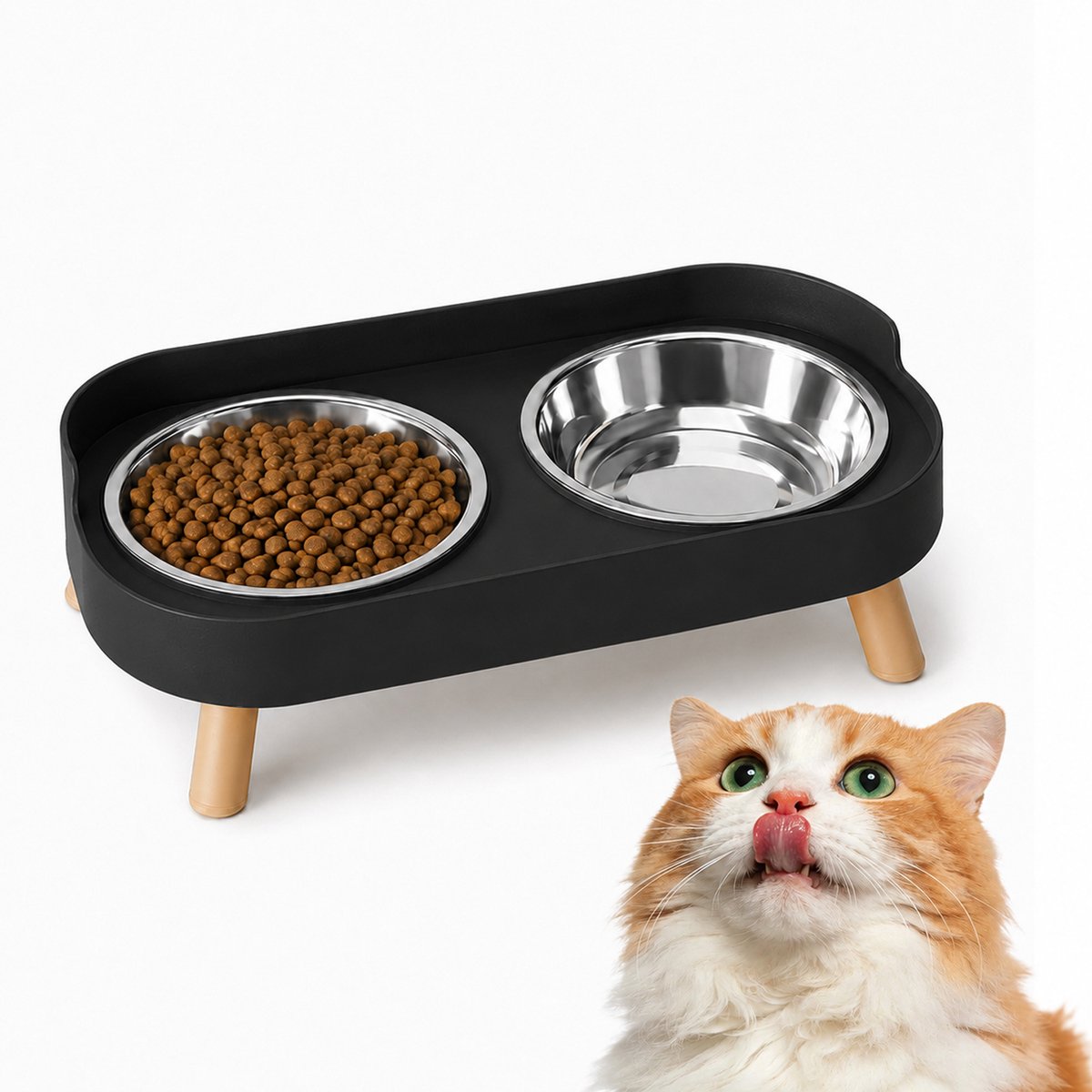 Voerbak - Verhoogde Voerbak voor Huisdieren – Dubbele Roestvrijstalen Voerbakken met Standaard – Spatbestendige – Verhoogde schalen – Voor voer en Water – Geschikt voor Katten – Honden – Kittens en Puppy'sa – Zwart