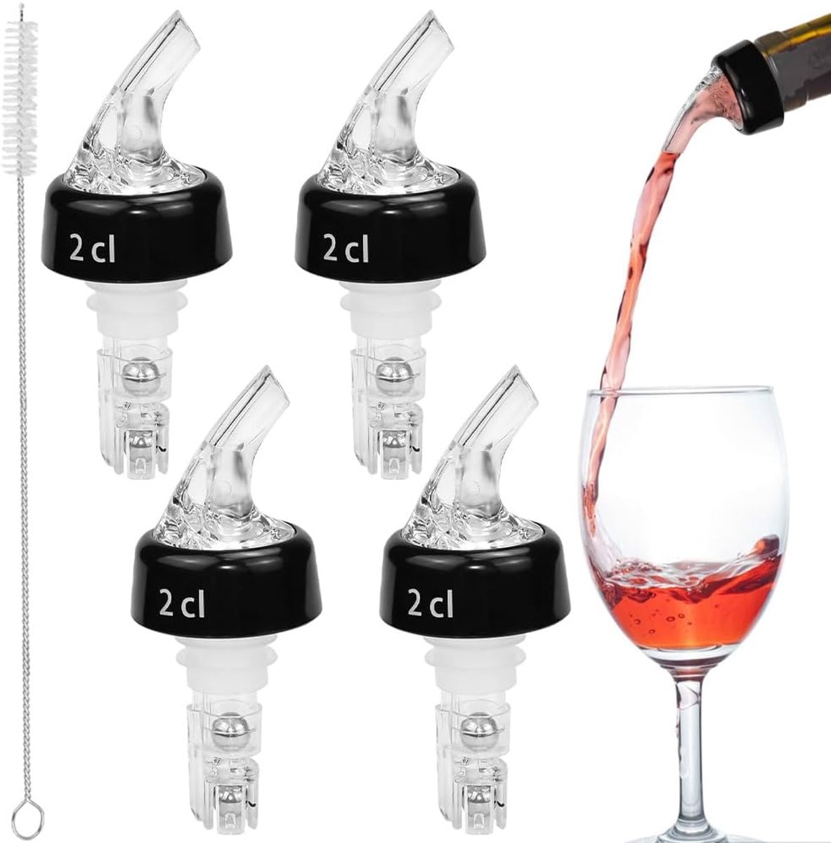 4 stuks schenktuit voor sterke drank, 2 cl, doseerder voor flessen, schenktuit voor sterke drank, 2 cl, met borstel, portioneerder, fles, bar, pour spouts, doseerder voor wijn, jenever