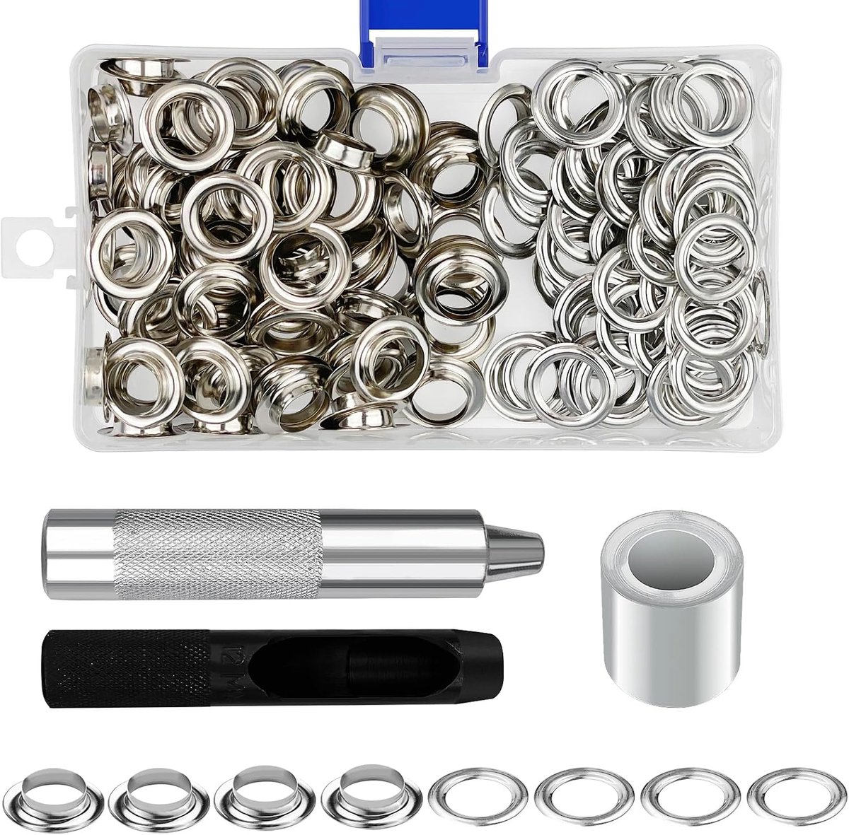 Set ogen, metalen ogen voor stof 10 mm, grommetool kit, 100 stuks, tule ogen ringen ringen ringen tang set en grommingsogen met 3-delig gereedschap, voor waterdichte zeilen, gordijnen,