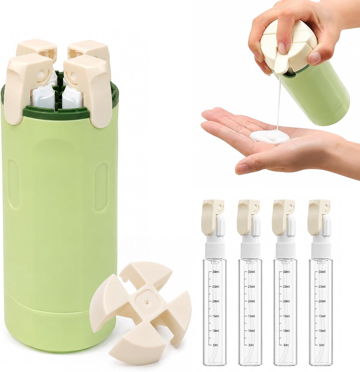 4-in-1 reisdispenser, 4-in-1 reisdispenserset, reisflessen om te vullen, mini-shampoo met schaal en etiket, navulbaar, lekvrij, gadgets vliegtuig voor shampoo, crème