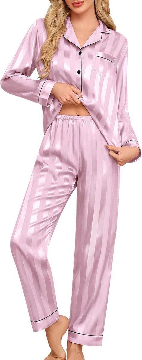 Pyjama voor dames, zijdeachtige gestreepte pyjama zachte loungewear met lange mouwen, tweedelige pyjamaset, button-down top en volledige lengte broek, bruidsmeisje, nachtkleding