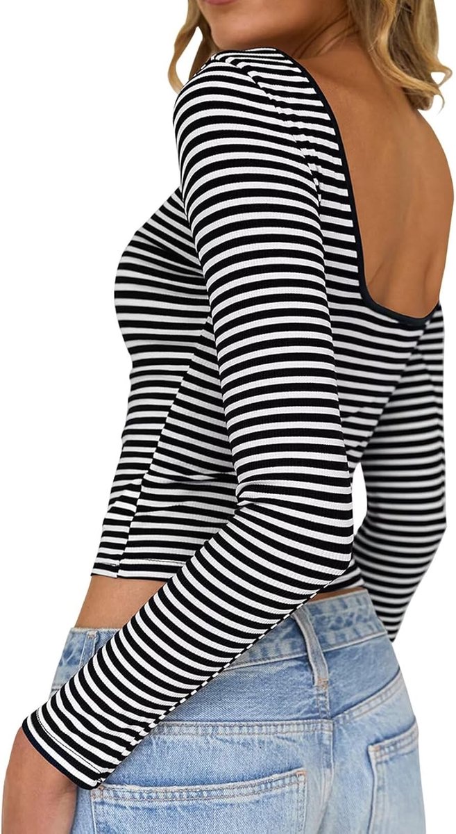 Shirt Dames Rugvrije Top Slim Fit Crop Top Gestreept Stretch Casual Shirt U-hals Elegant