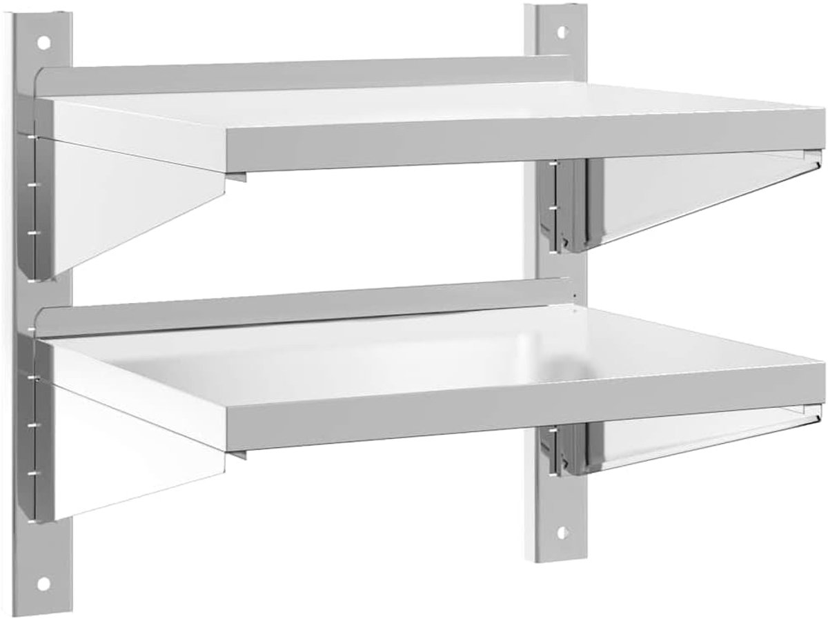 Kleine keukenrek, wandplanken, wandrek met 2 planken, 50 x 40 x 48 cm, zilver roestvrij staal, voor badkamer, keuken, kantoor, woonkamer