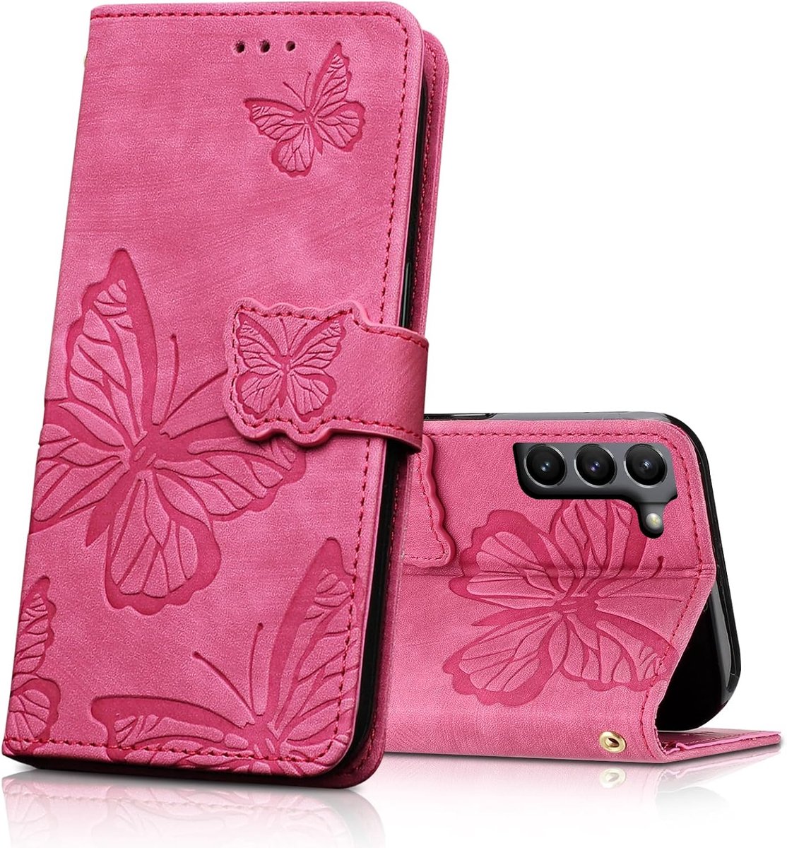 Telefoonhoes voor Samsung Galaxy S21 FE 5G, beschermhoes flipcase voor Samsung Galaxy S21 FE 5G, PU-leer, magnetische vlinders, leren hoes, rozenrood