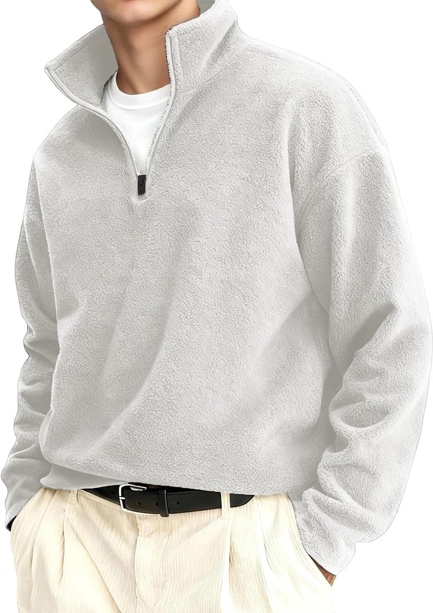 Trui met opstaande kraag, ritssluiting, wollig sweatshirt, casual thermische trui met lange mouwen, outdoorkleding voor winter en herfst (wit, XL)