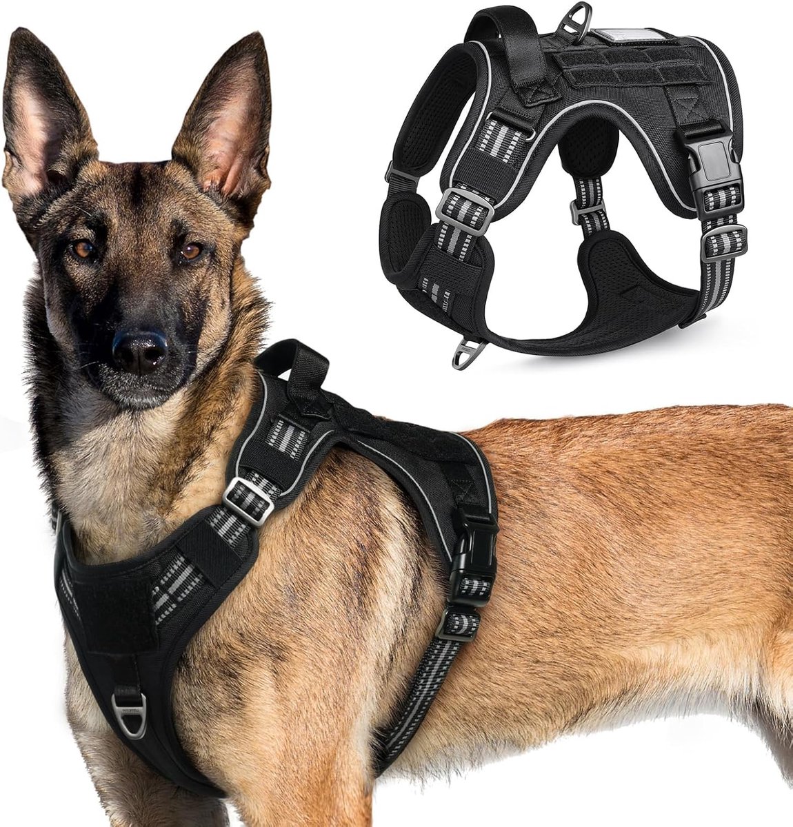 rabbitgoo Hondentuig No-Pull, Tactische Hondentuigje met Molle Paneel en Handvat, Reflecterend Verstelbare Hondenharnas voor Grote Hond, Borst Harnas Honden voor Wandelen Training, Zwart, XL