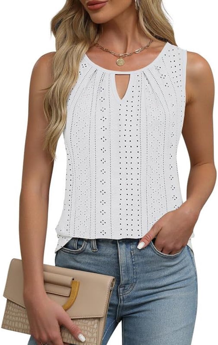 Mouwloos T-shirt voor dames, zomer, tanktop, elegant, geborduurd, met oogjes, vest, chic, ronde hals, T-shirt, casual, los, shirt, blouses, basic, camisole