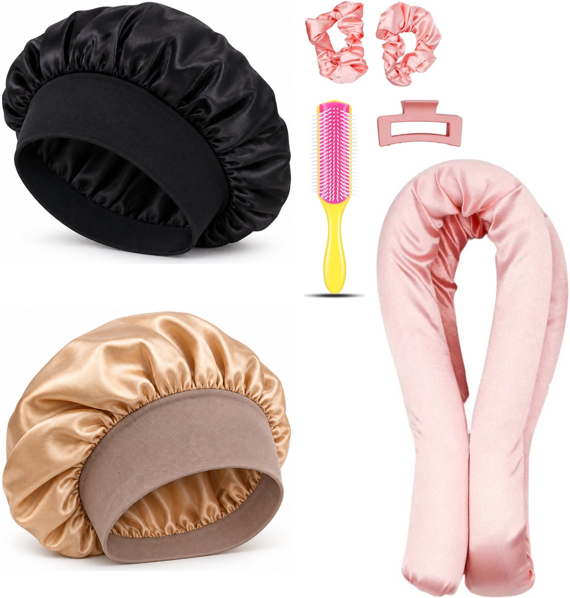 Professor Q Heatless Curls Set - Heatless Curlset met 2 Elastiekjes en Klem - Bonnet Zwart - Bonnet Goud - Fusion Pink Borstel