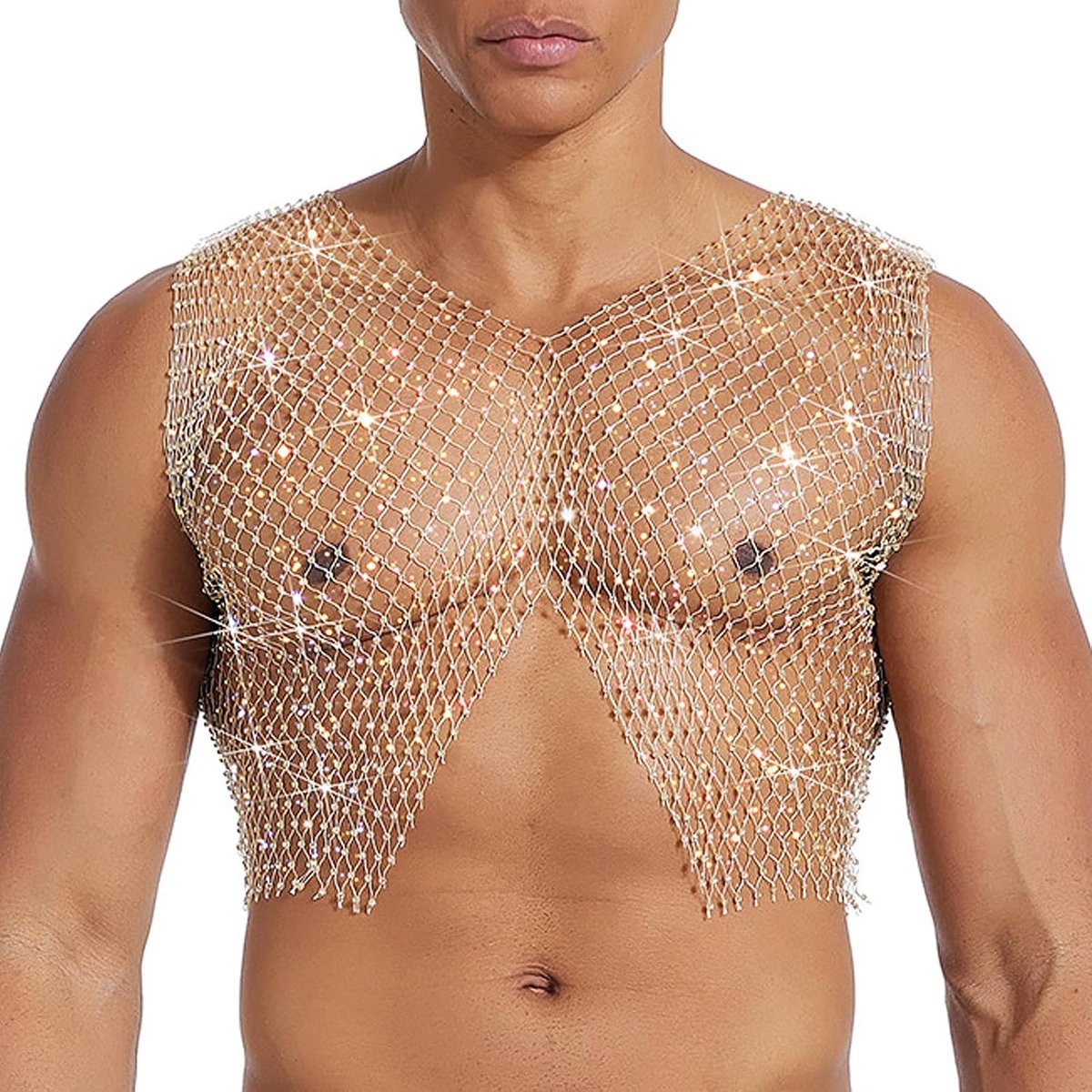 Heren visnet bovendeel sexy transparant cropped shirt doorzichtig split vest mesh clubwear tops
