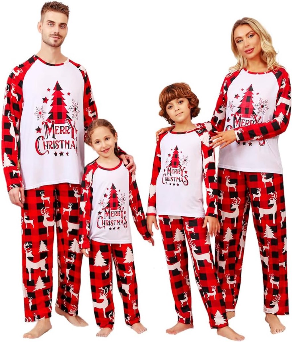 Kerstpyjama voor het gezin, lange mouwen, tweedelig, voor heren, dames, kinderen, kerstplezier, kerstboom, vrijetijdsjurk
