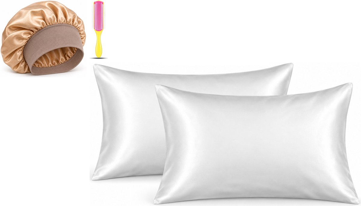 Professor Q Haar- en Slaapset - 2 Kussenslopen Wit 60 x 70 cm - Bonnet Goud - Fusion Pink Borstel