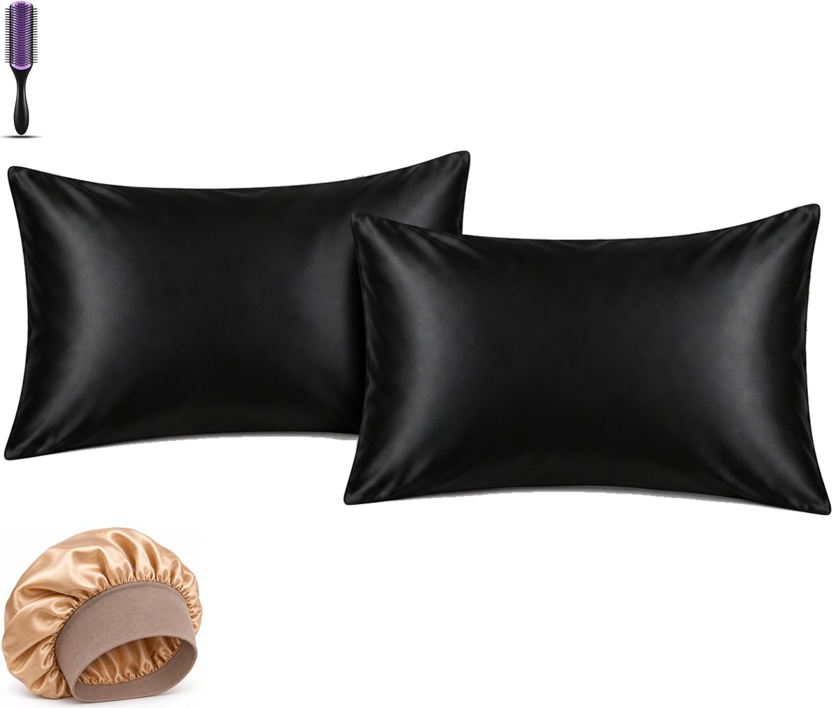 Professor Q Haar- en Slaapset - 2 Kussenslopen Zwart 60 x 70 cm - Bonnet Goud - Purple Black Borstel