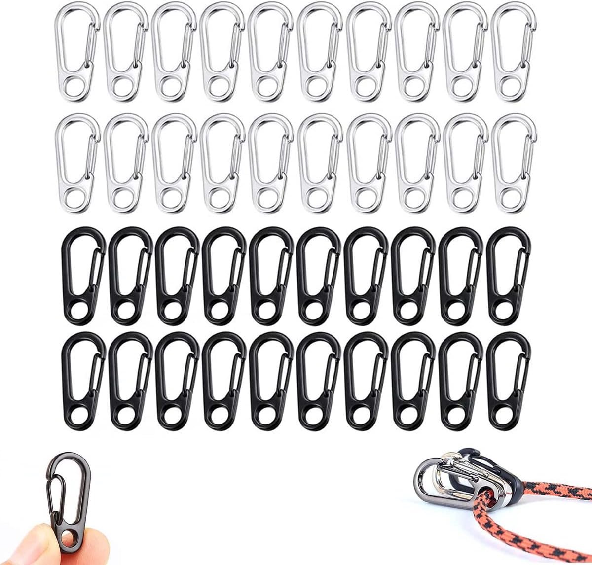 40 mini veerkarabijnhaken, rugzakgesp, kliksluiting, klimclip, Tiny Sf haken voor buiten - zwart, zilver