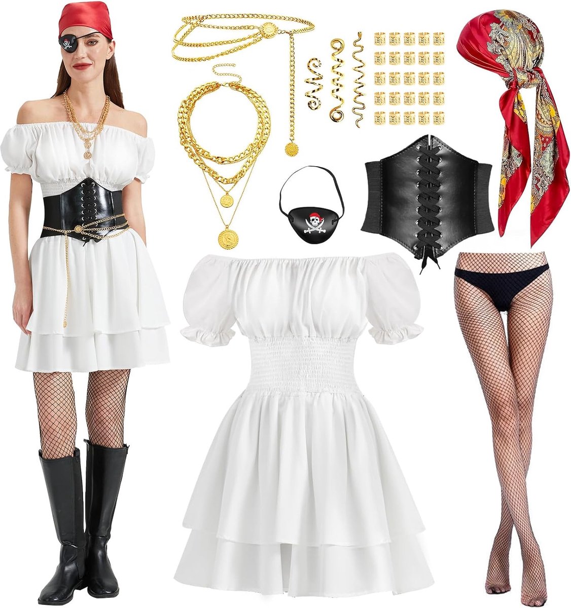 Piratenkostuum voor dames, piratenkostuum vrouwen, witte piratenjurk, outfit met piratenkorset, hoofddoek, oogkleppen, riem, halsketting, haaraccessoires voor Halloween, carnaval