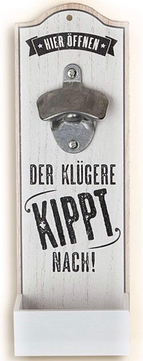 Robuuste flesopener in vintage stijl voor wandmontage van hout, met metalen flesopener, afmetingen 30 x 10 cm, uitvoering met spreuk: The Klügere Kipt Nach, geweldig cadeau