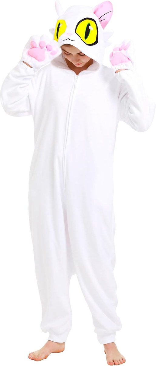 Dressfan Unisex witte kat onesie pyjama kostuum jumpsuits Kerstmis pyjama pyjama Halloween cosplay kostuum voor volwassenen jongeren, wit, M