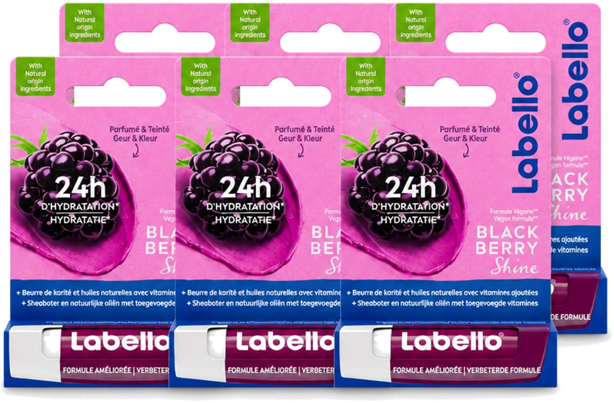 6 x Labello – Lippenbalsem – Blackberry Shine – Lippenbalsem – Shea Boter & Jojoba Olie – 5,5 ml - Voordeelverpakking - 6 stuks
