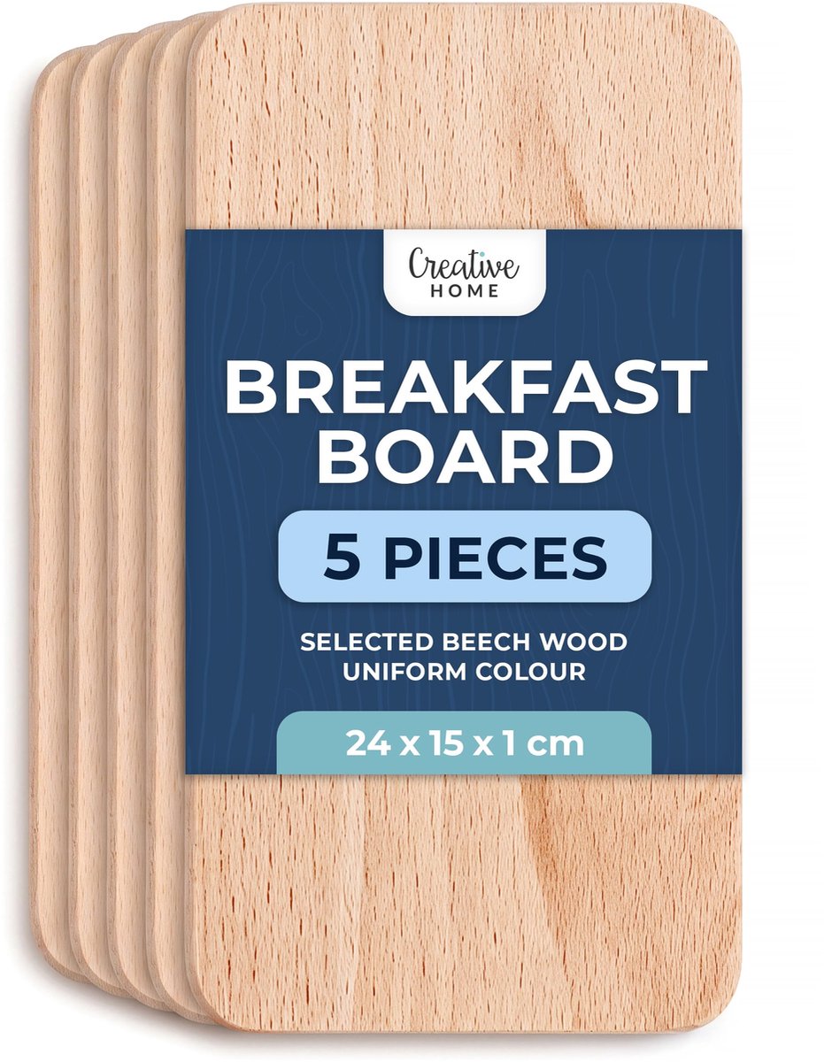 Creative Home 5-delige set houten ontbijtplankjes, 24 x 15 cm, Houten plankje, snijplank, plank, Omkeerbare snijplank, plankje, ontbijtplank, houten plank, keuken voor brood