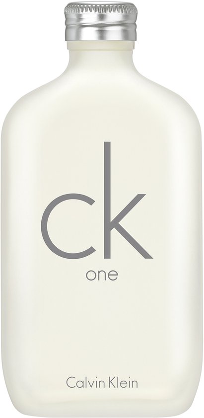Calvin Klein One eau de toilette fles van melkachtig glas met zilverkleurige dop. Grijze 'ck one' opdruk.