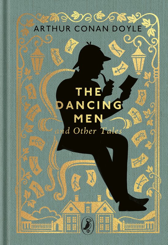 Klassiek boek met blauwe linnen kaft, gouden opdruk van Sherlock Holmes en dansende poppetjes.