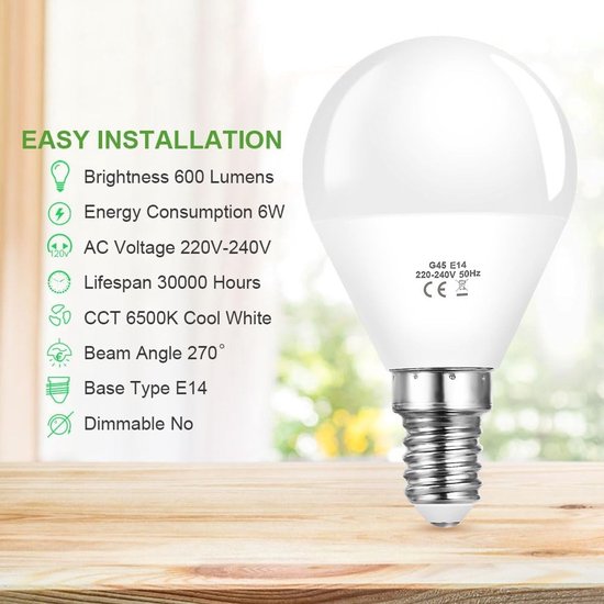 E14 Schroef LED Lampen Set van 5 Stuks, 6W G45 Golfbal, 40W Vervangende Lampen, Koud Wit 6500K, 600 Lumen, Energiezuinige Verlichting voor Thuis en Kantoor — afbeelding 2