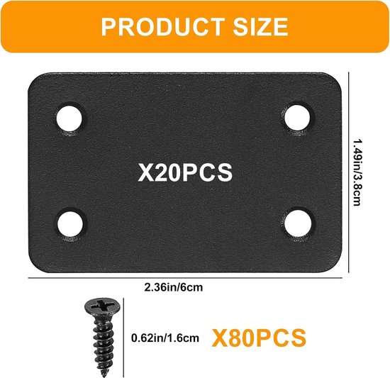 20 Stuks Platte Herstelplaten, Stevige Bevestigingsplaten voor Meubelreparatie, RVS Ondersteuning en Verbindingselementen (Zwart 60x38mm) — afbeelding 5