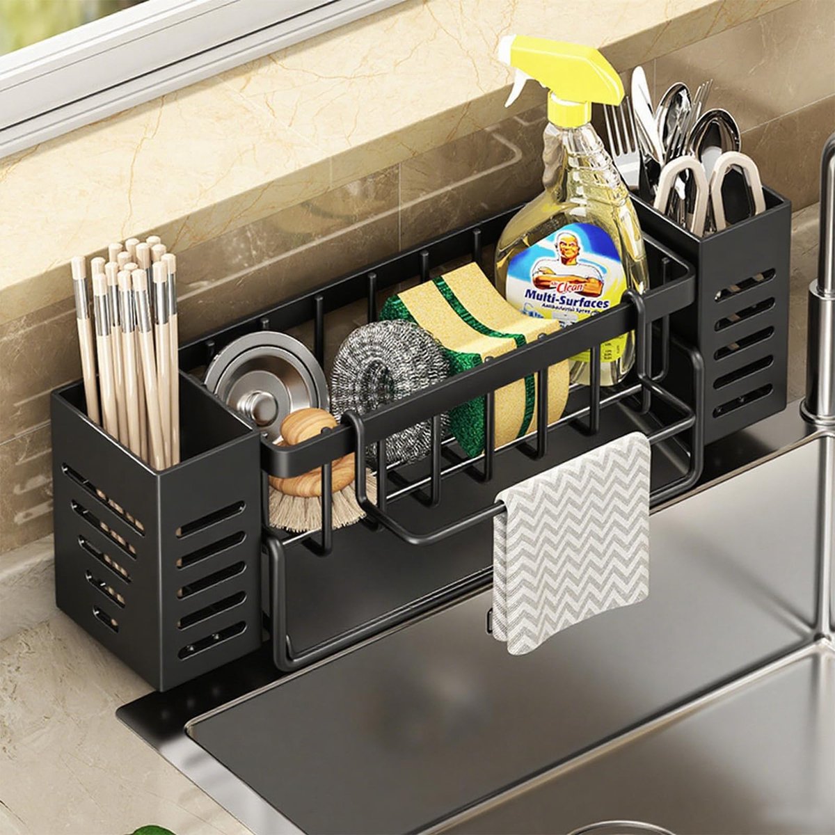 Famanu – organizer, gootsteenorganizer met spoeldoekhouder en opbergdoos, metalen sponshouder met automatische afvoerpan, voor keuken en badkamer (zwart)