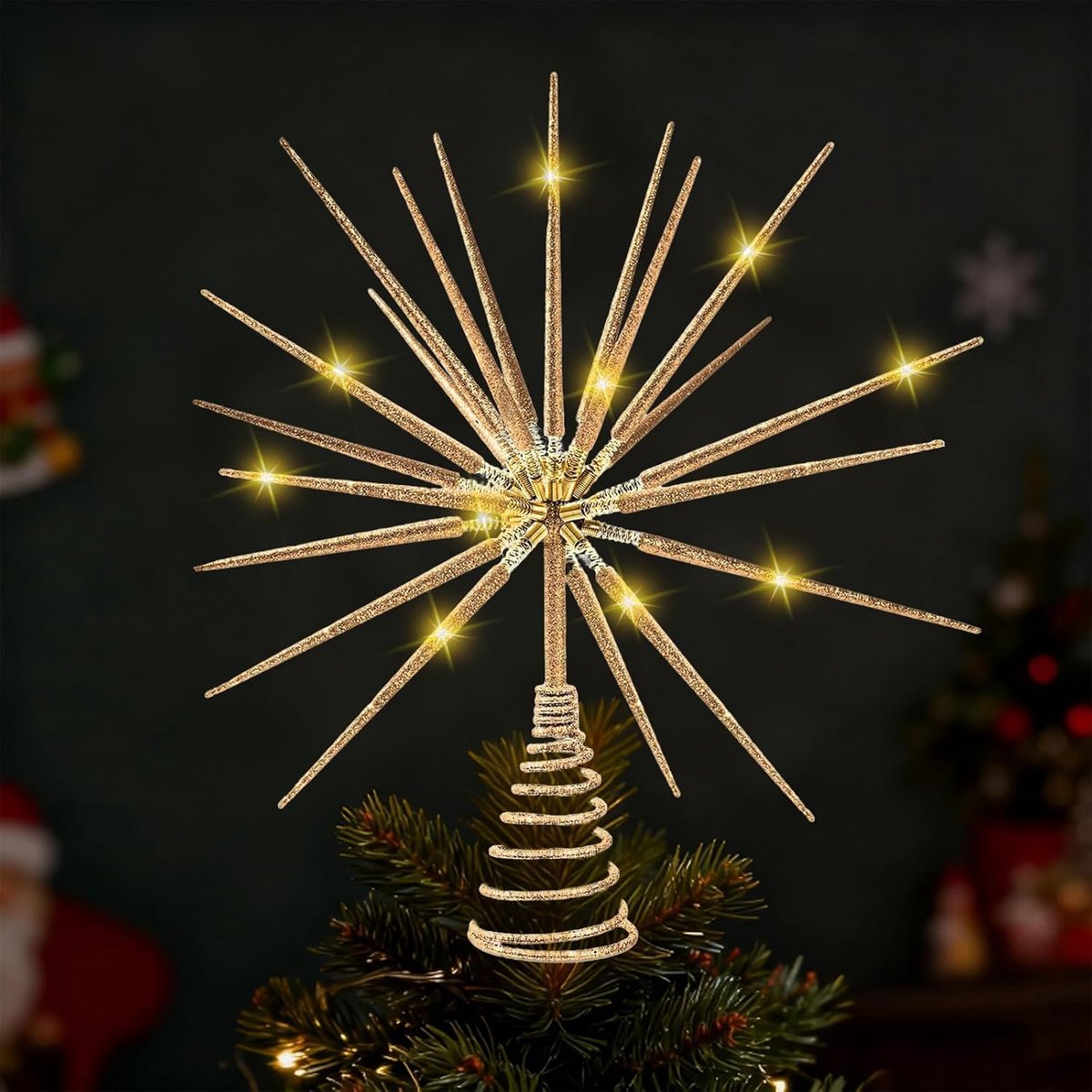 Kerstboomtopper met 20 LED kerstboomster kerstboom ornament topper kerstboomster voor binnen kerstboomversiering (goud)