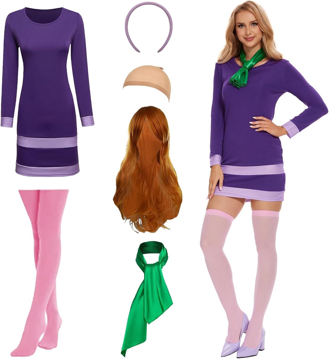 Kostuum voor dames, volwassen jurk met sjaal, pruik, voor feestjes, carnaval en Halloween cosplay