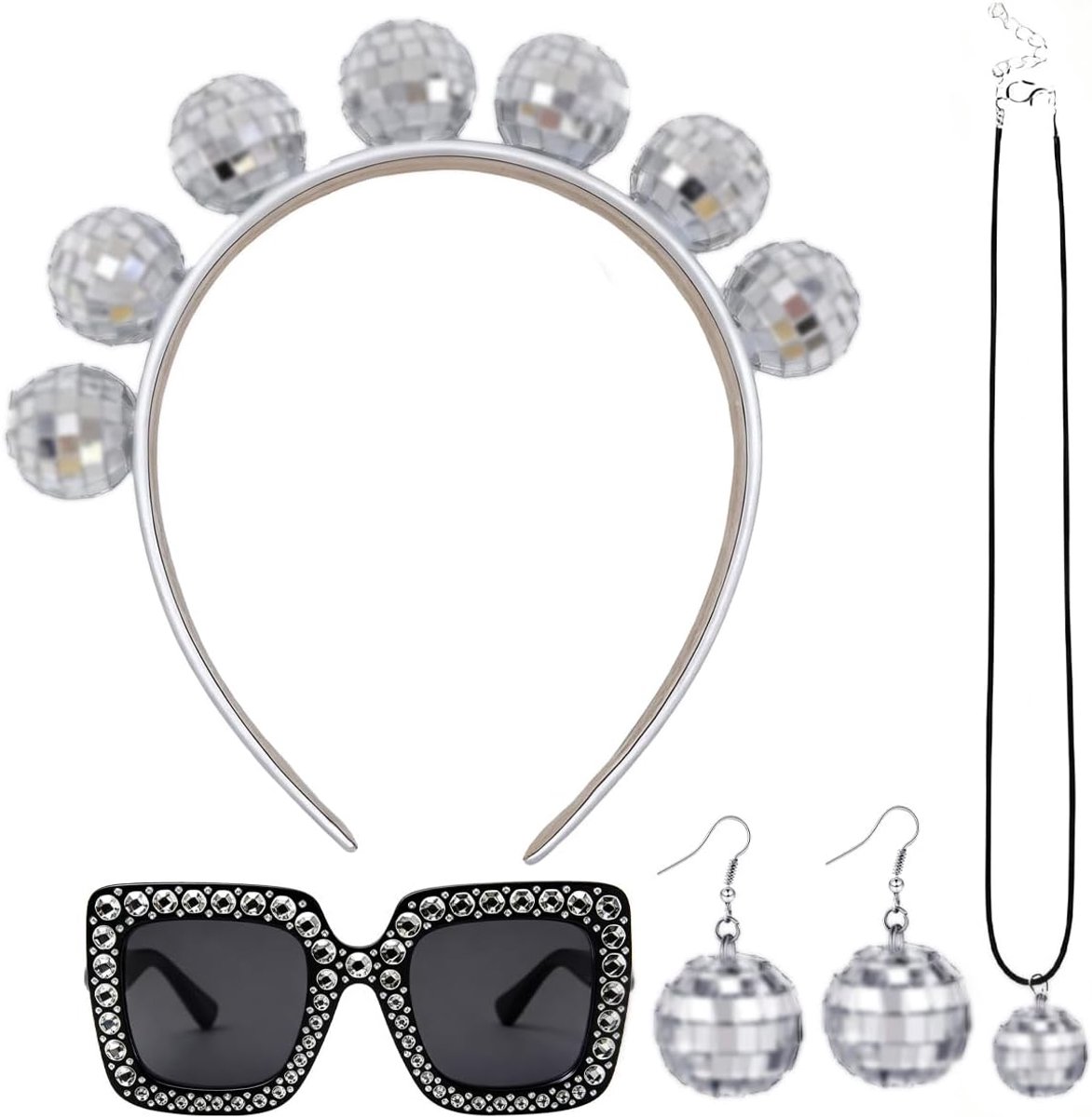 4 stuks 1970 discobal spiegelbal sieradenset oorbellen halsketting hoofdband en strass zonnebril bling partybril jaren 70 kostuum accessoires voor dames heren party carnaval (4 stuks)