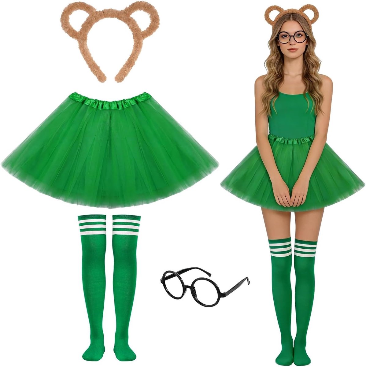 Stripehoornkostuum voor dames, 5 stuks chipmunks kostuumset met tutu, gestreepte hoorntjes, oren, hoofdband, kniehoge sokken, bril, dierenkostuum, accessoires voor carnaval themafeest