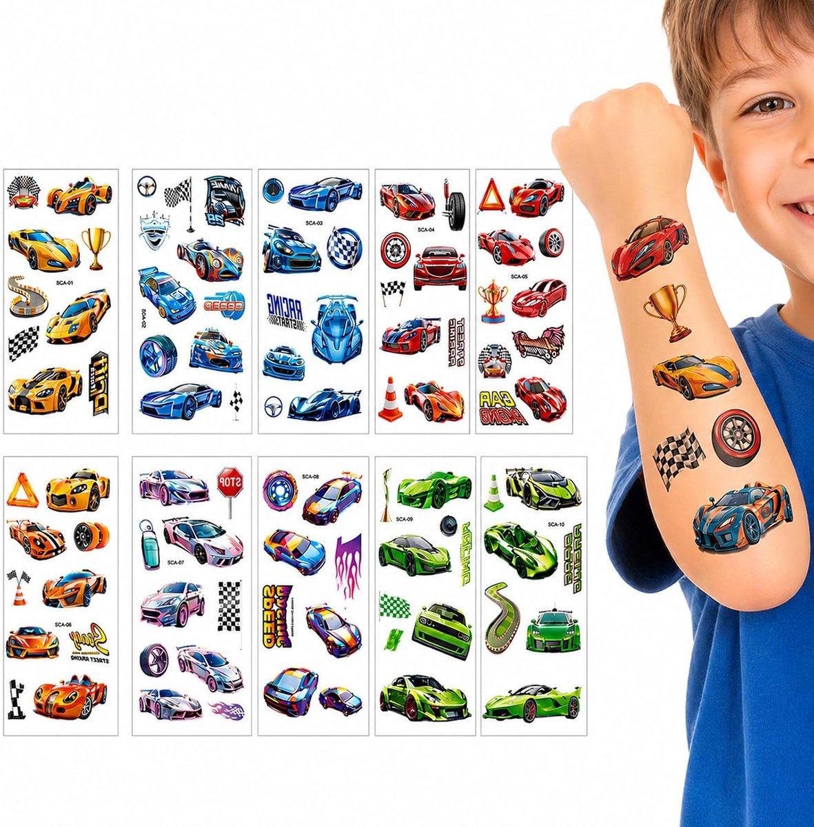 Auto racewagen, 10 vellen tijdelijke tatoeages voor kinderen, cartoon-tattoo-stickers, waterdicht, huidvriendelijk, kindertatoeages voor verjaardagsfeest, cadeautje, jongens en meisjes