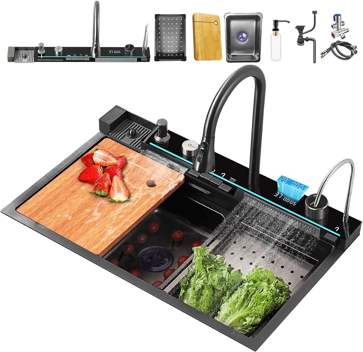 Spoelbak Keuken Grijs-zwart Roestvrij Staal Grote Gootsteen met Enkele Spoelbak met Uittrekbare Keukenkraan en Meerdere Accessoires Waterfall Kitchen Sink (80 * 46 * 23CM, Zwart)