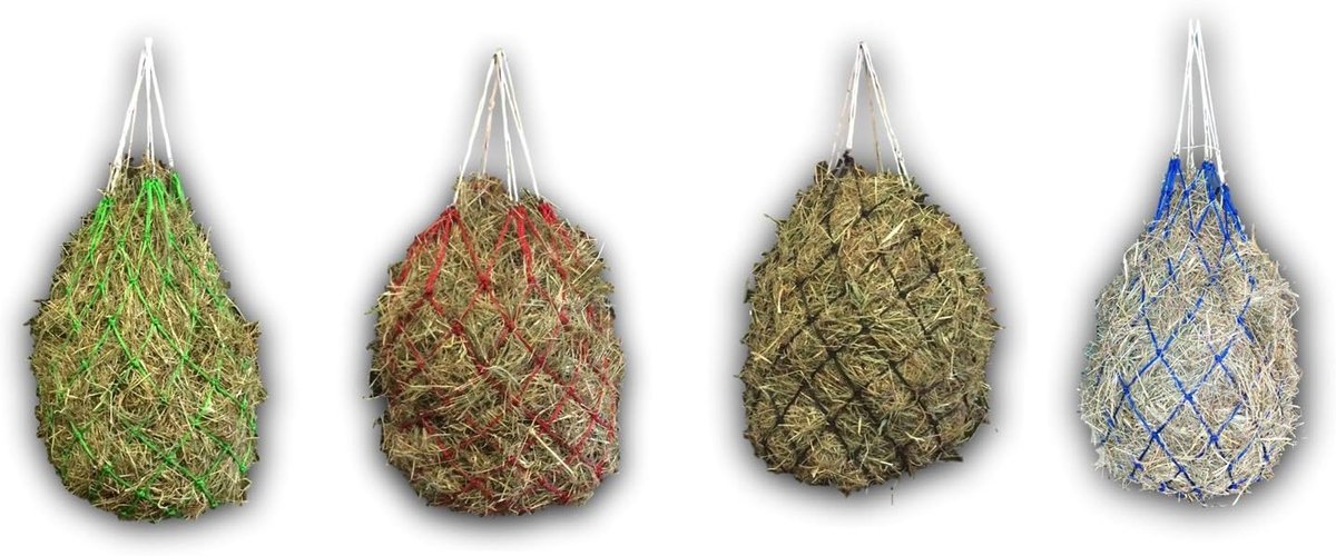 Hunnet voor paarden - net voor diervriendelijk voeden, verbetert de spijsvertering en het welzijn van de dieren, hooi, gras, voer, stro, voedernet, hooikak (2x rood)