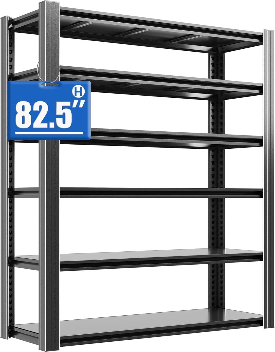 Opbergrek voor zware lasten, 6 etages, kelderrek, metaal, 45 x 120 x 210 cm, tot 1200 kg belastbaar, rek voor garage en bergruimte, steekrek, werkplaatsrek, zwart