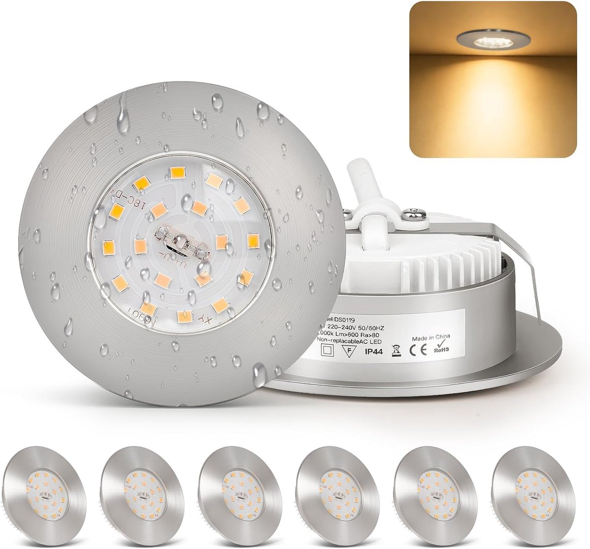 encastrable LED 230V ultra plat 6W IP44 salle de bain Plafonniers encastrables LED spots de plafond, blanc chaud 3000K, spots plafonnier nickel mat lot de 6, pour salle de bain, cuisine, salon