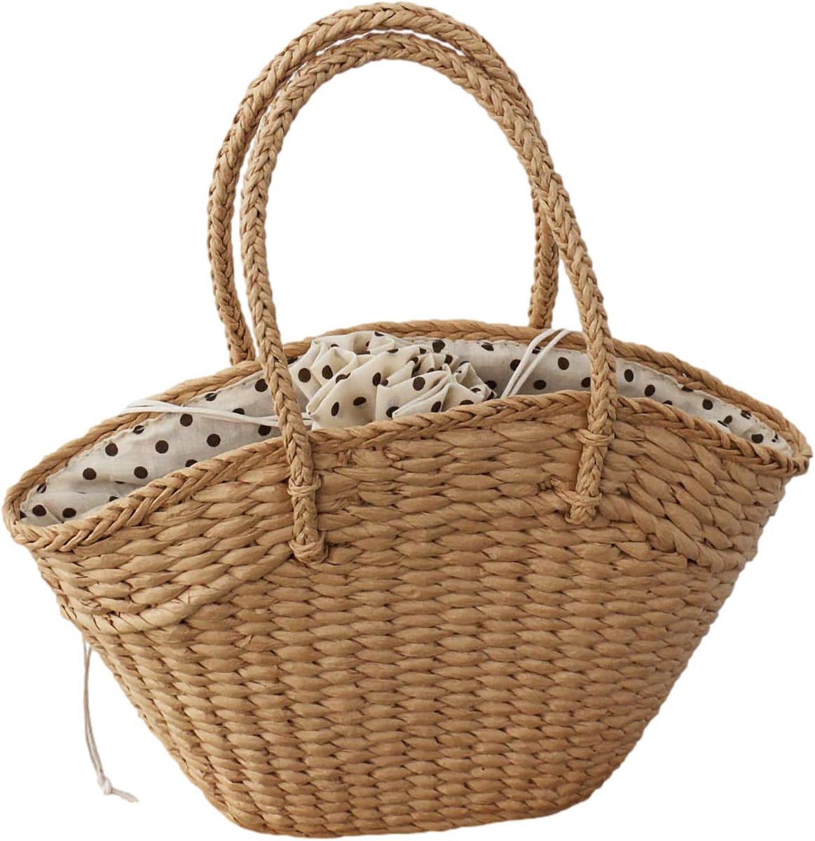 Rismart Zomer strand handtas, handgemaakte zeegras stro Tote tas Dames handtas met polka-gestippelde sjaal
