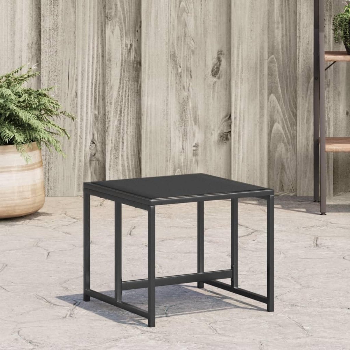 Set van 4, voetenkrukken voor tuin, terras en balkon, comfortabele zitkruk van textileen en gepoedercoat staal, zwart