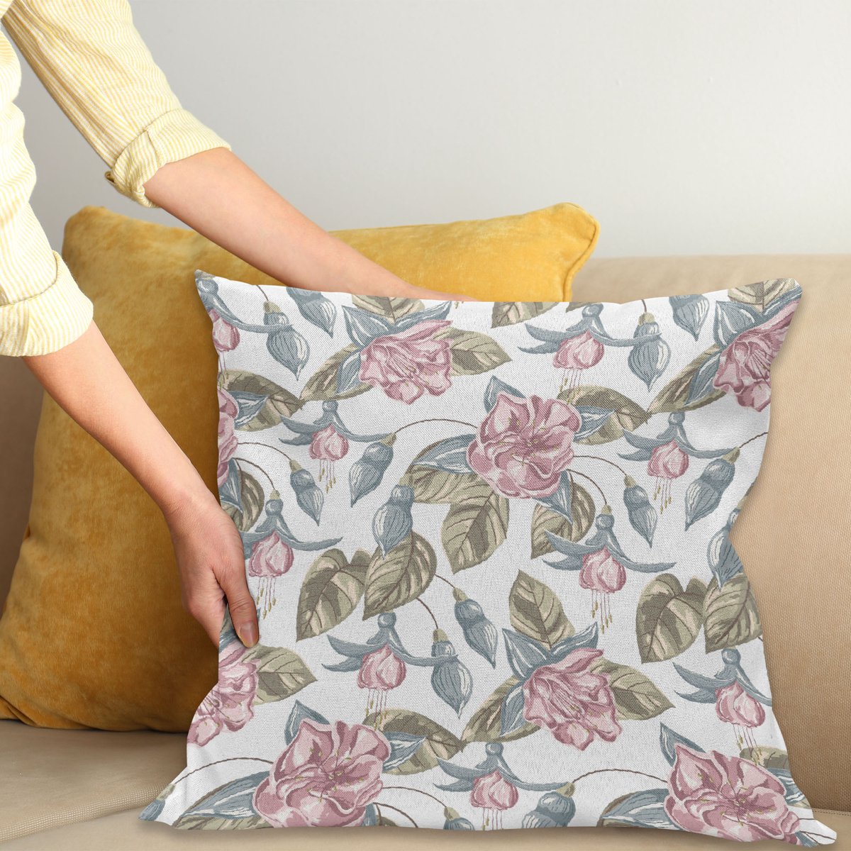 ABAKUHAUS Vintage Bloemen Sierkussenhoes, Classical Zacht Toned Shabby Vorm Bouquet Petal Natuur Ontwerp, Decoratieve Vierkante Sierkussenhoes, 50 x 50 cm, Roos Blauw