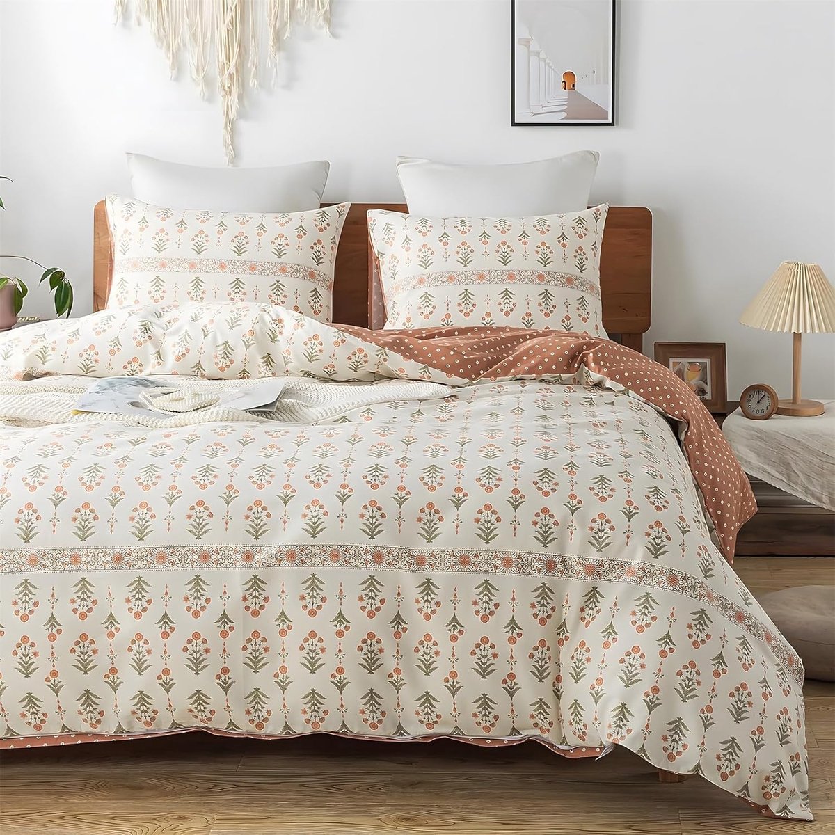 Eenpersoons Dekbedovertrek Set Bloemen Polka Dots Beddengoed Set Microfiber Bruin Dekbedovertrek met Kussenslopen Omkeerbaar Beddengoed Met Ritssluiting 120x150CM