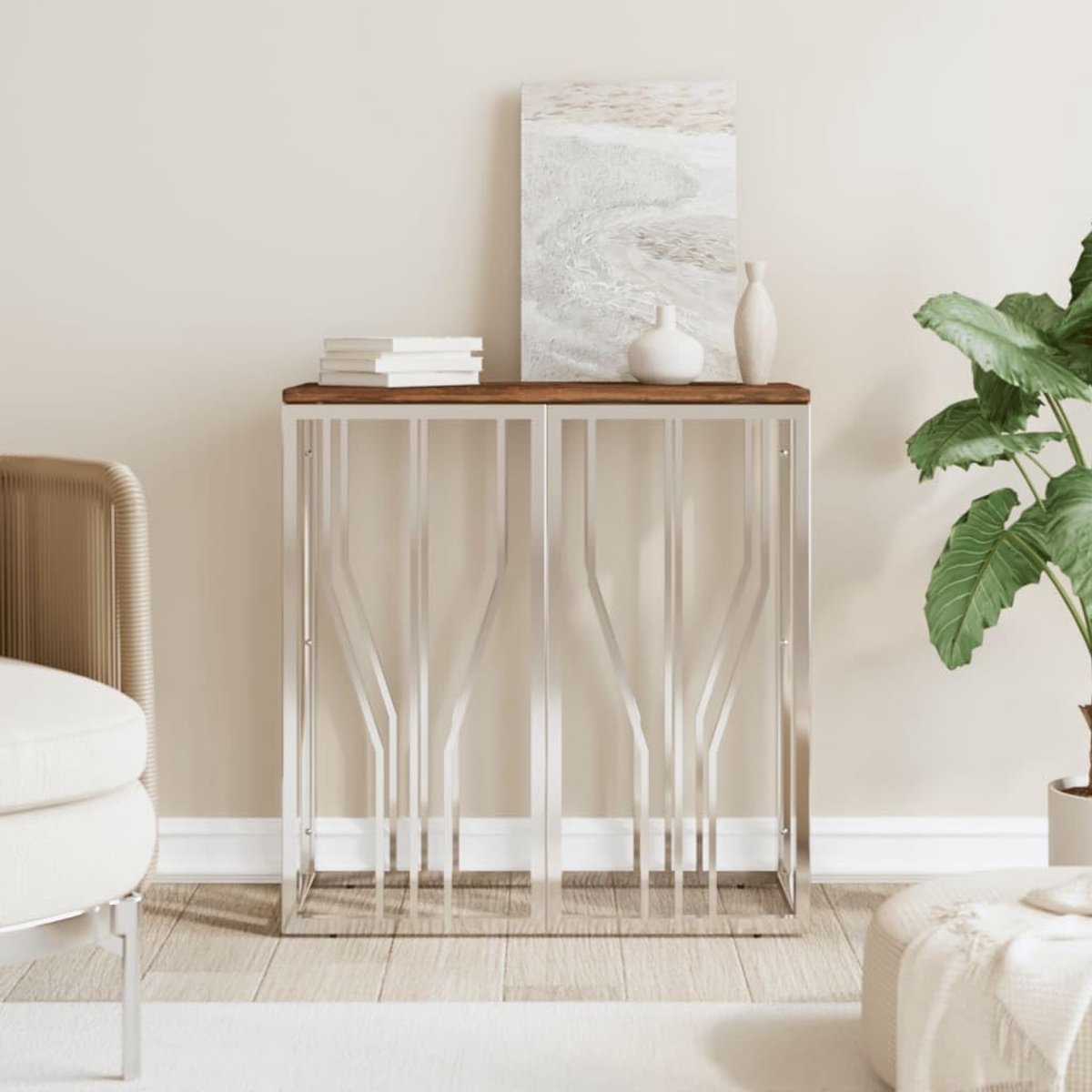 Consoletafel van massief oud hout met zilverkleurig roestvrijstalen frame, modern design, smalle consoletafel voor woonkamer, hal, kantoor, veelzijdig als bijzettafel of lamptafel