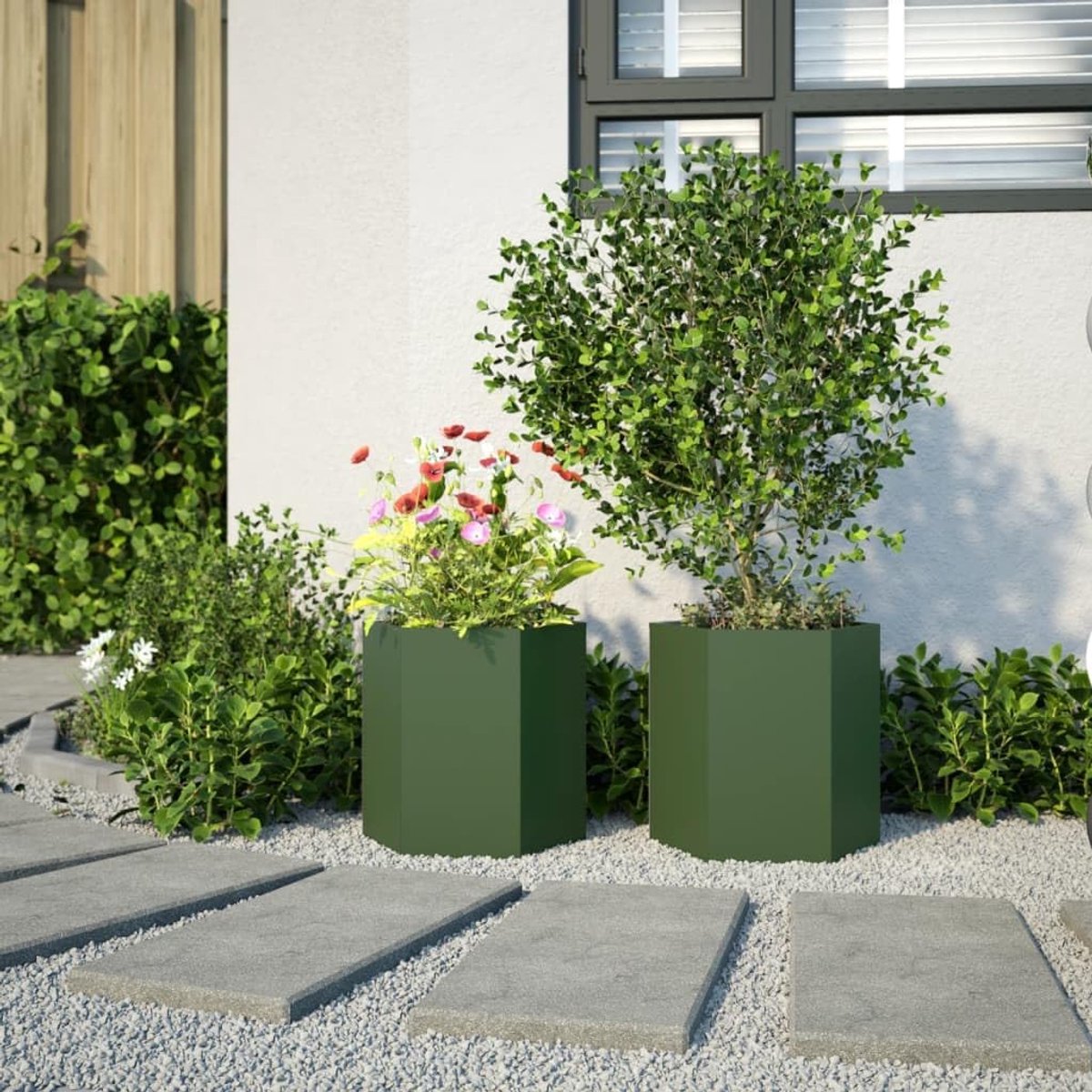 2 bloembakken, bloempotten, verhoogde bedden, vierkant, voor tuin, terras, van staal, metaal, olijfgroen, 46 x 40 x 45 cm, verhoogd plantenbed, bloembak voor buiten, groot