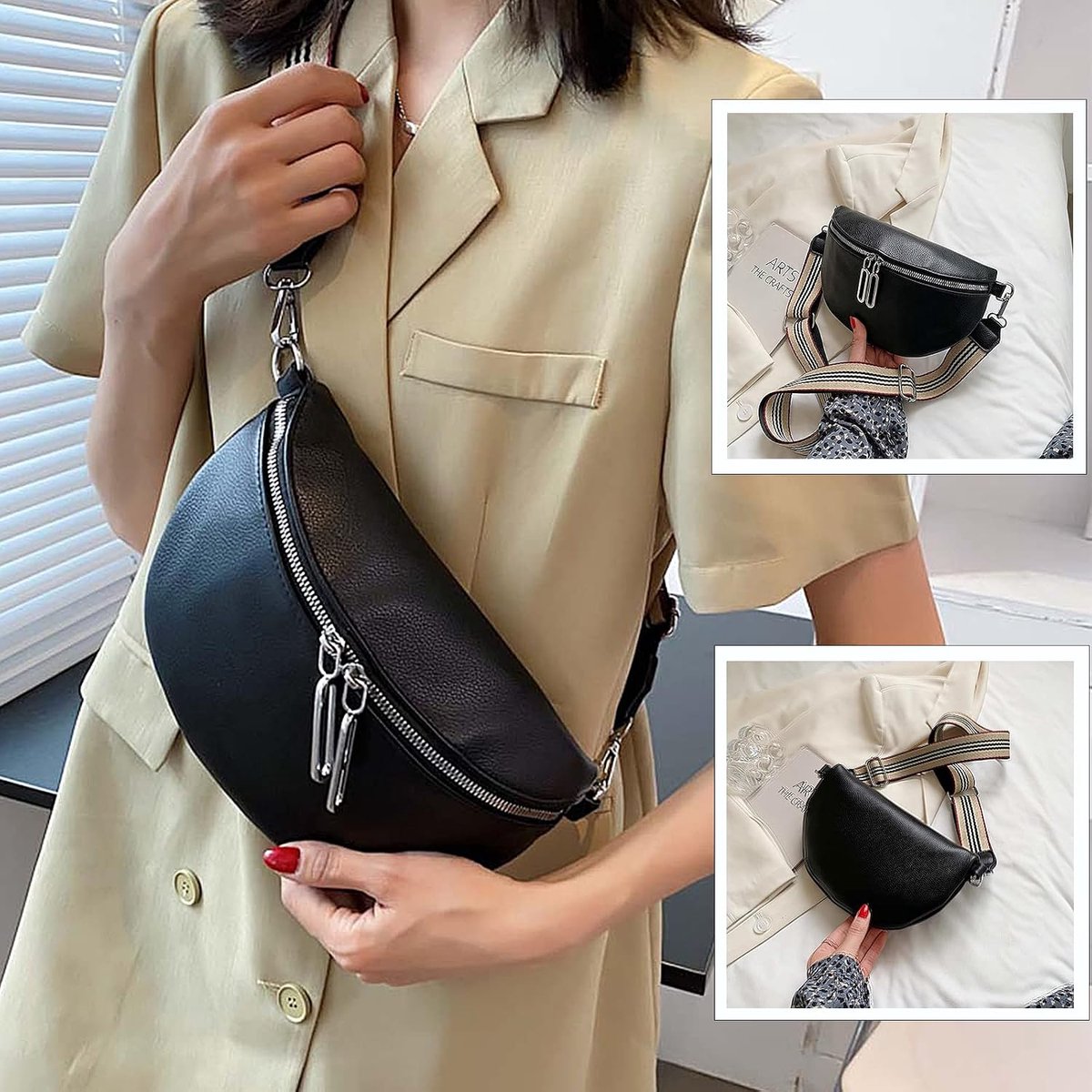 Buiktas voor dames, zwart, schoudertas, brede riem, riemtas, kleine handtas, crossbody tas, leer, voor reizen, feest, zwart, 23 x 8 x 15 cm, hedendaags
