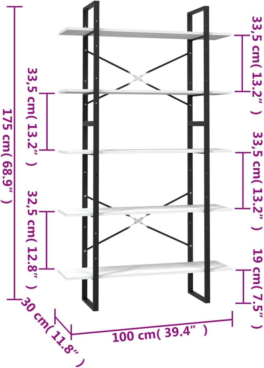Boekenkast met 5 planken van massief grenen hout en metalen frame, wit, 2-delig (100x30 cm), voor moderne inrichting